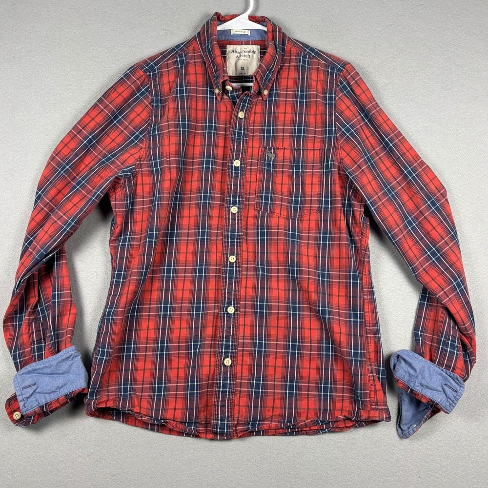 Abercrombie & Fitch Muscle Fit Plaid Button Down Shirt XL Red Navy Blue Y2K Era
